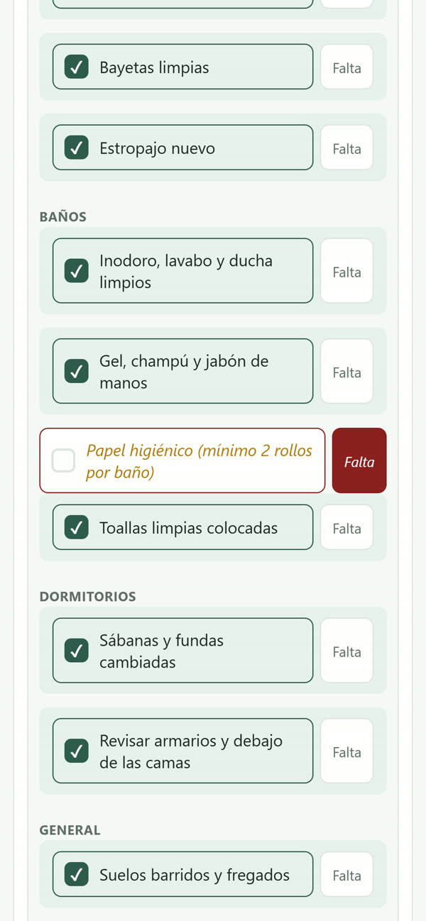 Checklist de limpieza en el móvil con un punto marcado como falta